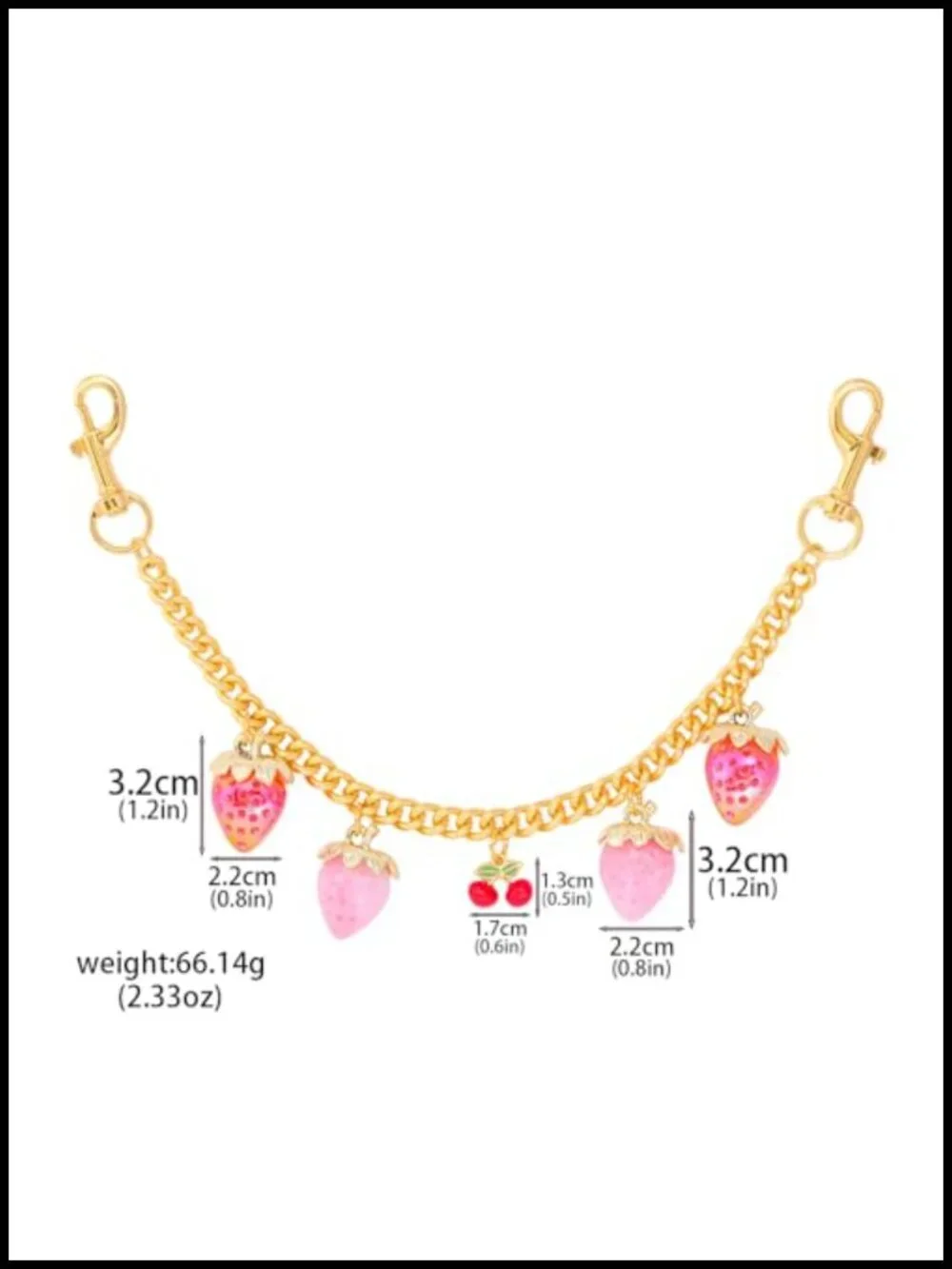 Strawberry Purse Charm Keychain - Gold Plated Alloy Bag Chain Extender with